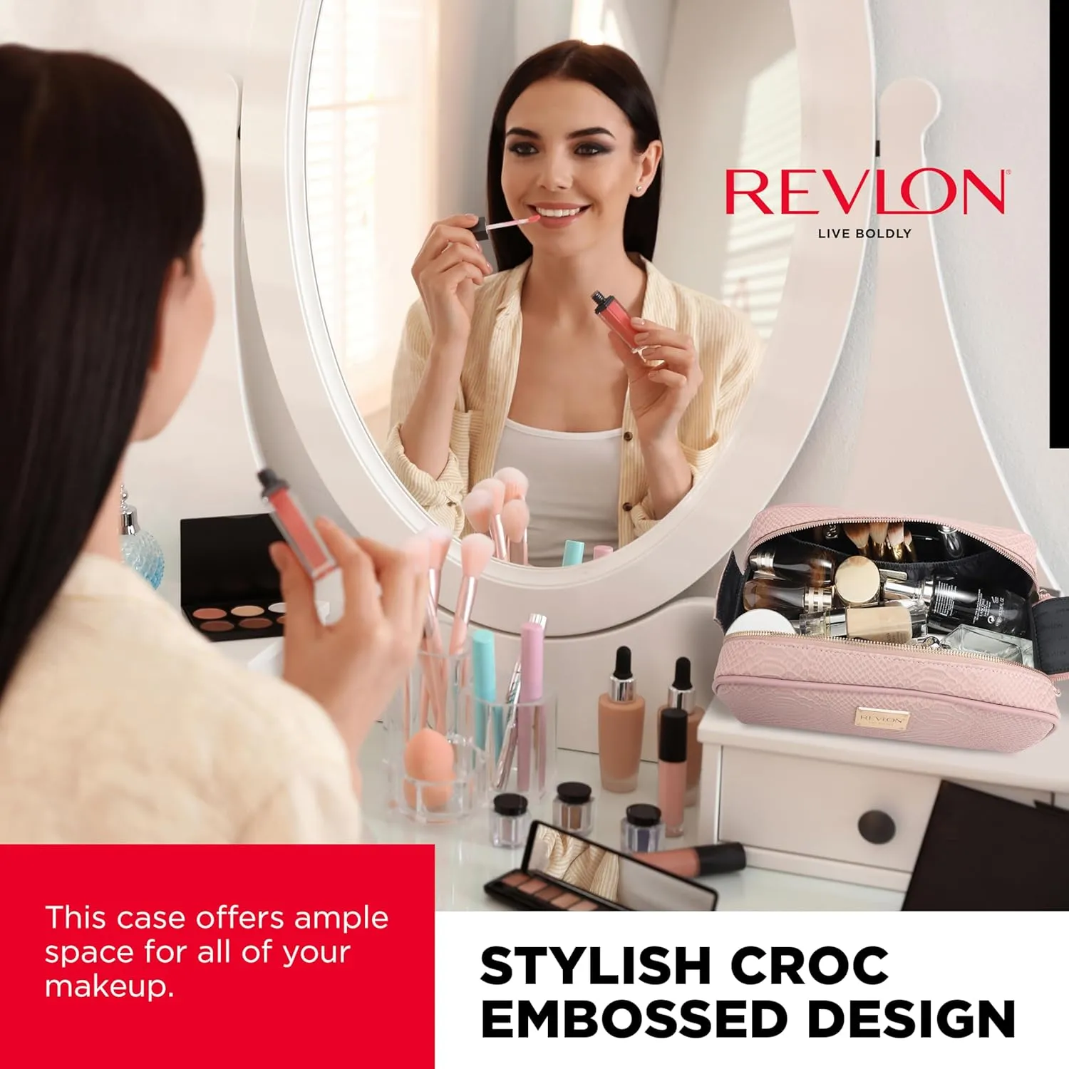 REVLON Croc Embossed Makeup Bag - Small Makeup Pouch, Travel Makeup Organizer with Two Zippers, Cosmetic Bag, Mini Makeup Case with Pockets - Gifts for Women, Ladies, or Teen Girls, Rose Dust