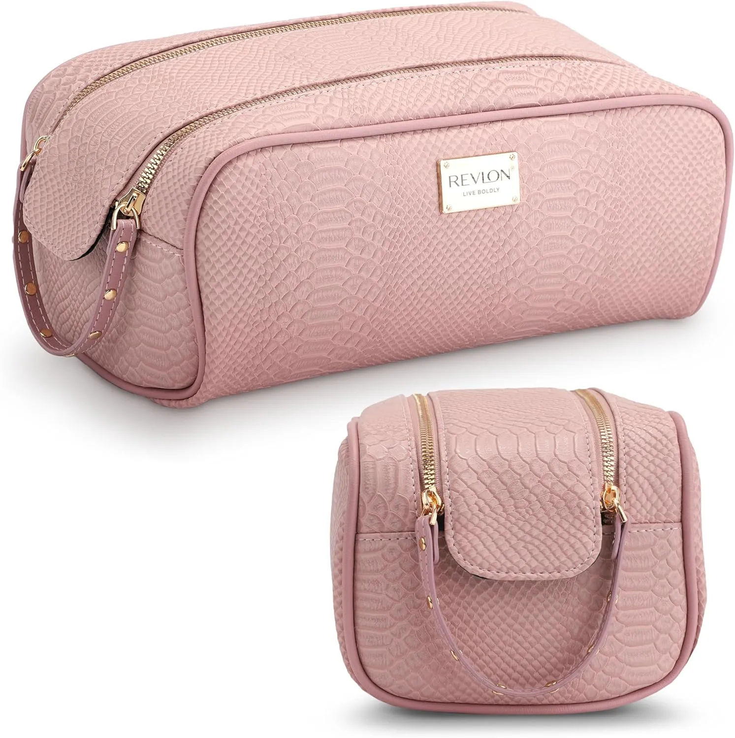 REVLON Croc Embossed Makeup Bag - Small Makeup Pouch, Travel Makeup Organizer with Two Zippers, Cosmetic Bag, Mini Makeup Case with Pockets - Gifts for Women, Ladies, or Teen Girls, Rose Dust