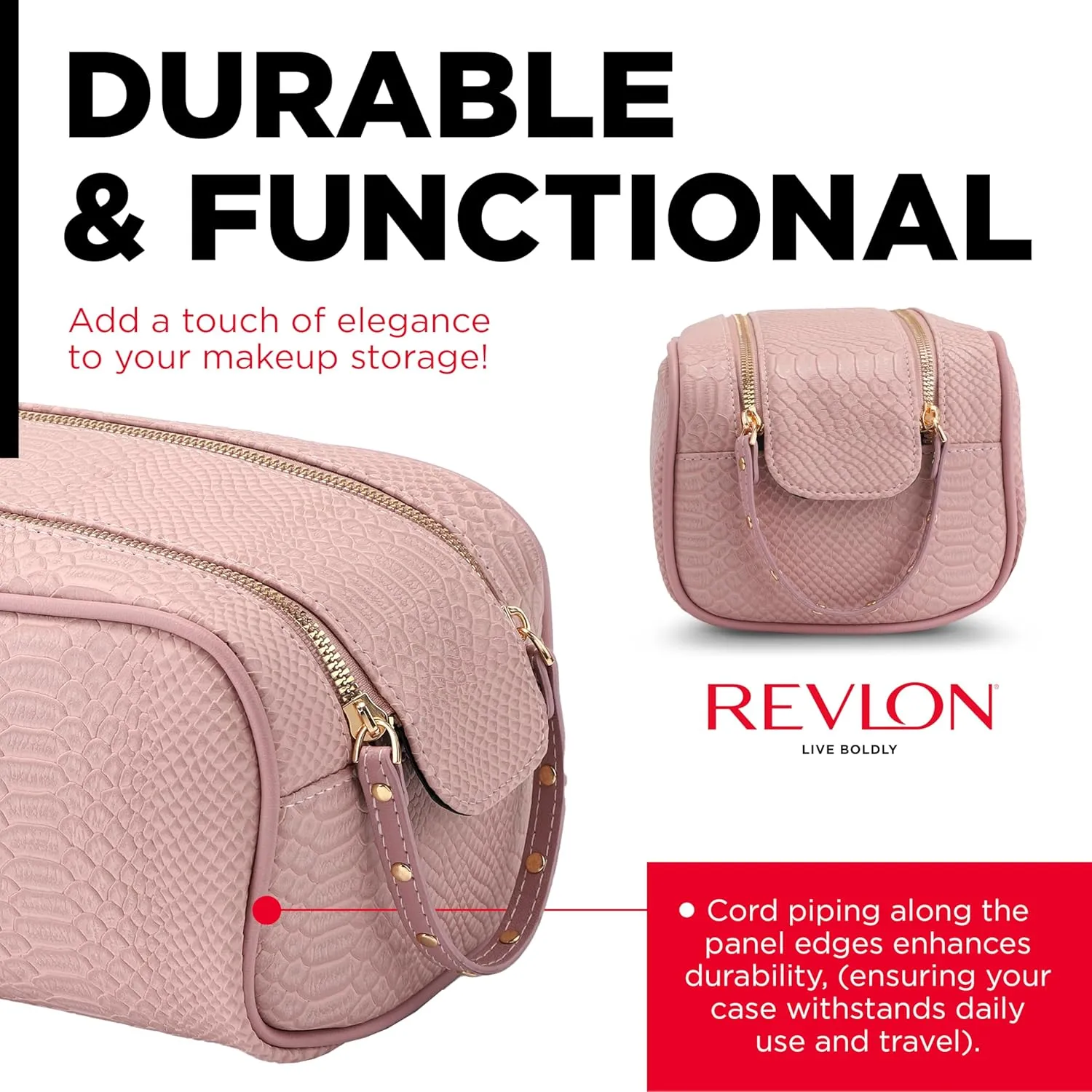 REVLON Croc Embossed Makeup Bag - Small Makeup Pouch, Travel Makeup Organizer with Two Zippers, Cosmetic Bag, Mini Makeup Case with Pockets - Gifts for Women, Ladies, or Teen Girls, Rose Dust
