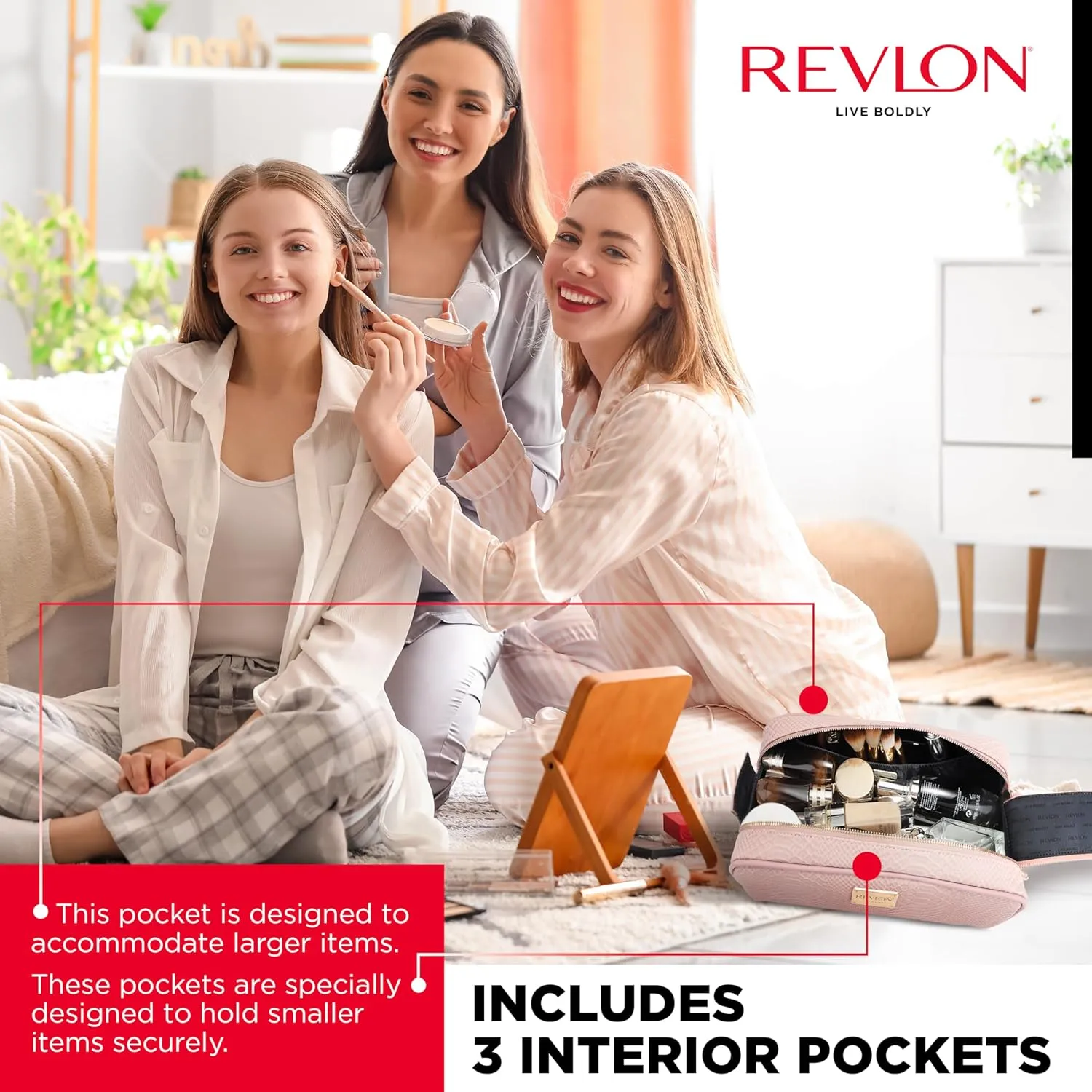 REVLON Croc Embossed Makeup Bag - Small Makeup Pouch, Travel Makeup Organizer with Two Zippers, Cosmetic Bag, Mini Makeup Case with Pockets - Gifts for Women, Ladies, or Teen Girls, Rose Dust