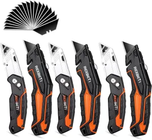 REXBETI 6 Pack Retractable Folding Utility Knife, SK5 Heavy Duty Box Cutter for Cartons, Cardboard and Boxes, Blade Storage Design, Extra 20 Blades Included