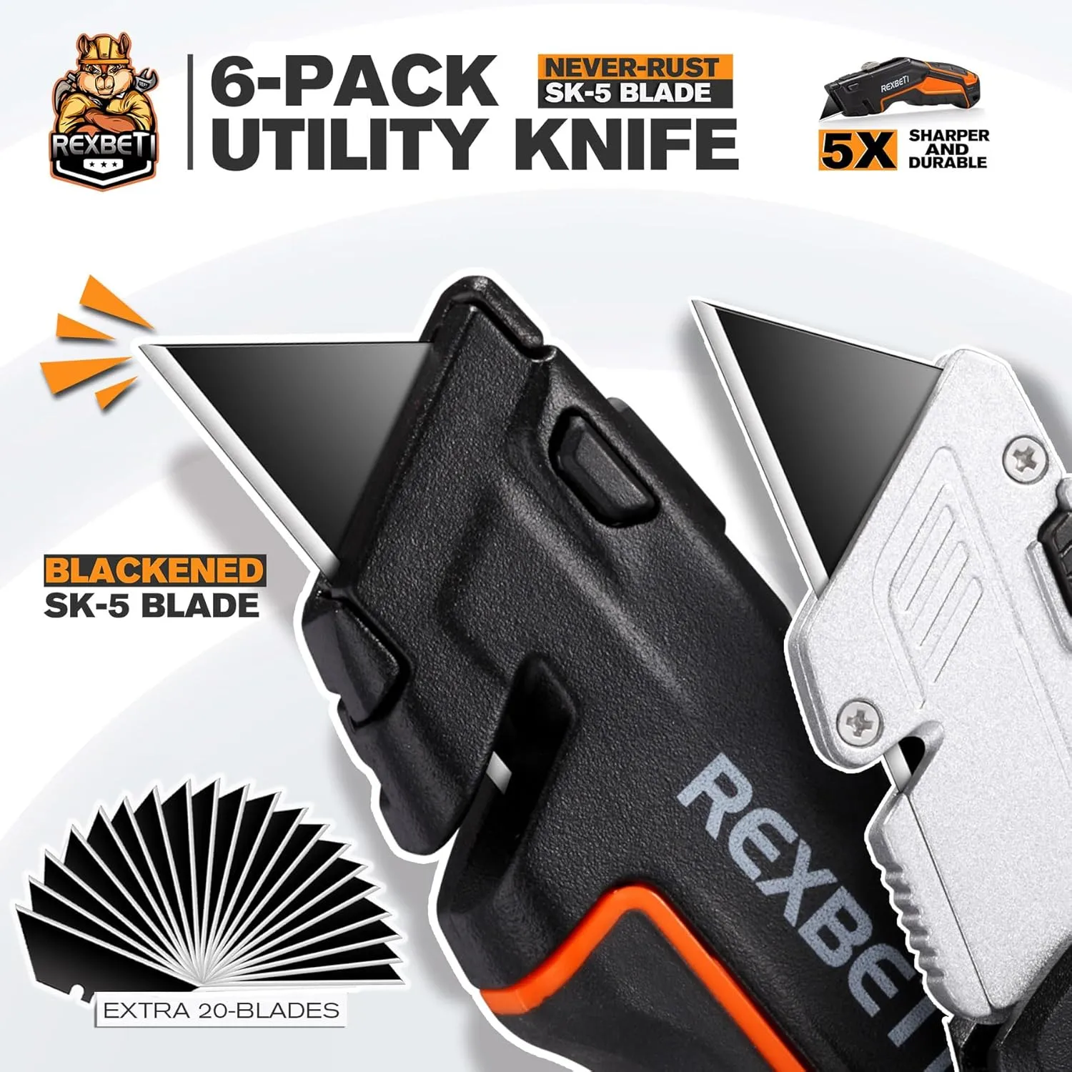 REXBETI 6 Pack Retractable Folding Utility Knife, SK5 Heavy Duty Box Cutter for Cartons, Cardboard and Boxes, Blade Storage Design, Extra 20 Blades Included