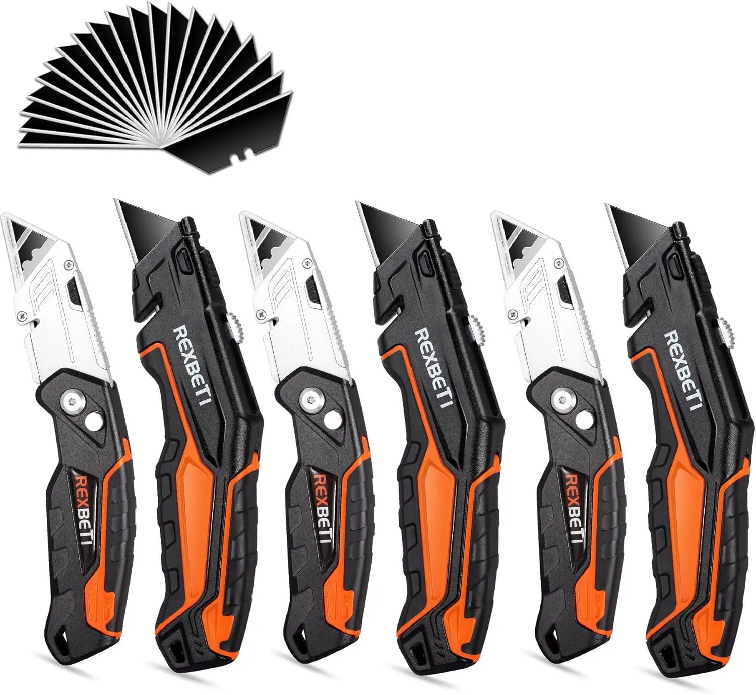 REXBETI 6 Pack Retractable Folding Utility Knife, SK5 Heavy Duty Box Cutter for Cartons, Cardboard and Boxes, Blade Storage Design, Extra 20 Blades Included