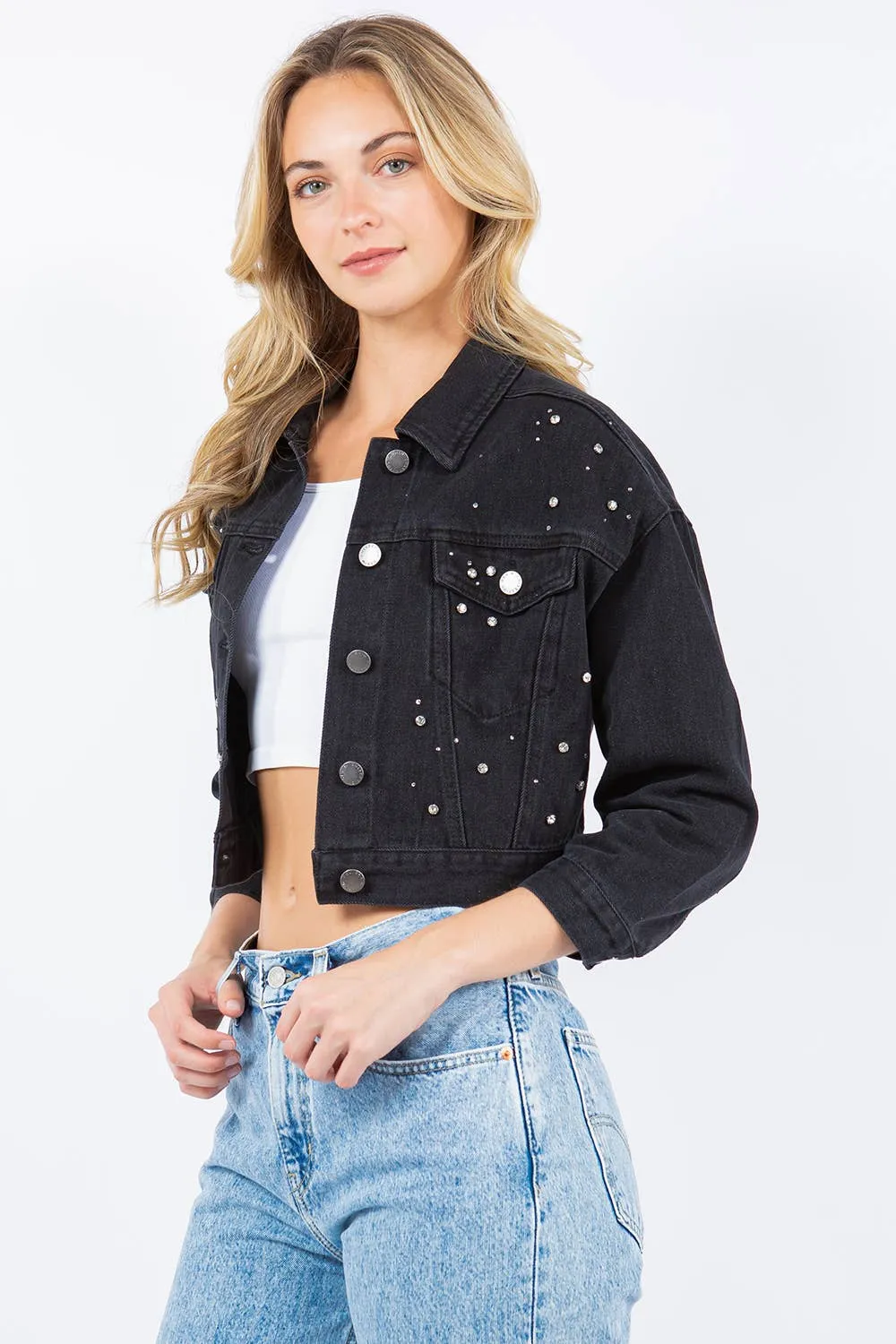 Rhinestone Crop Denim Jacket: Med Wash / L