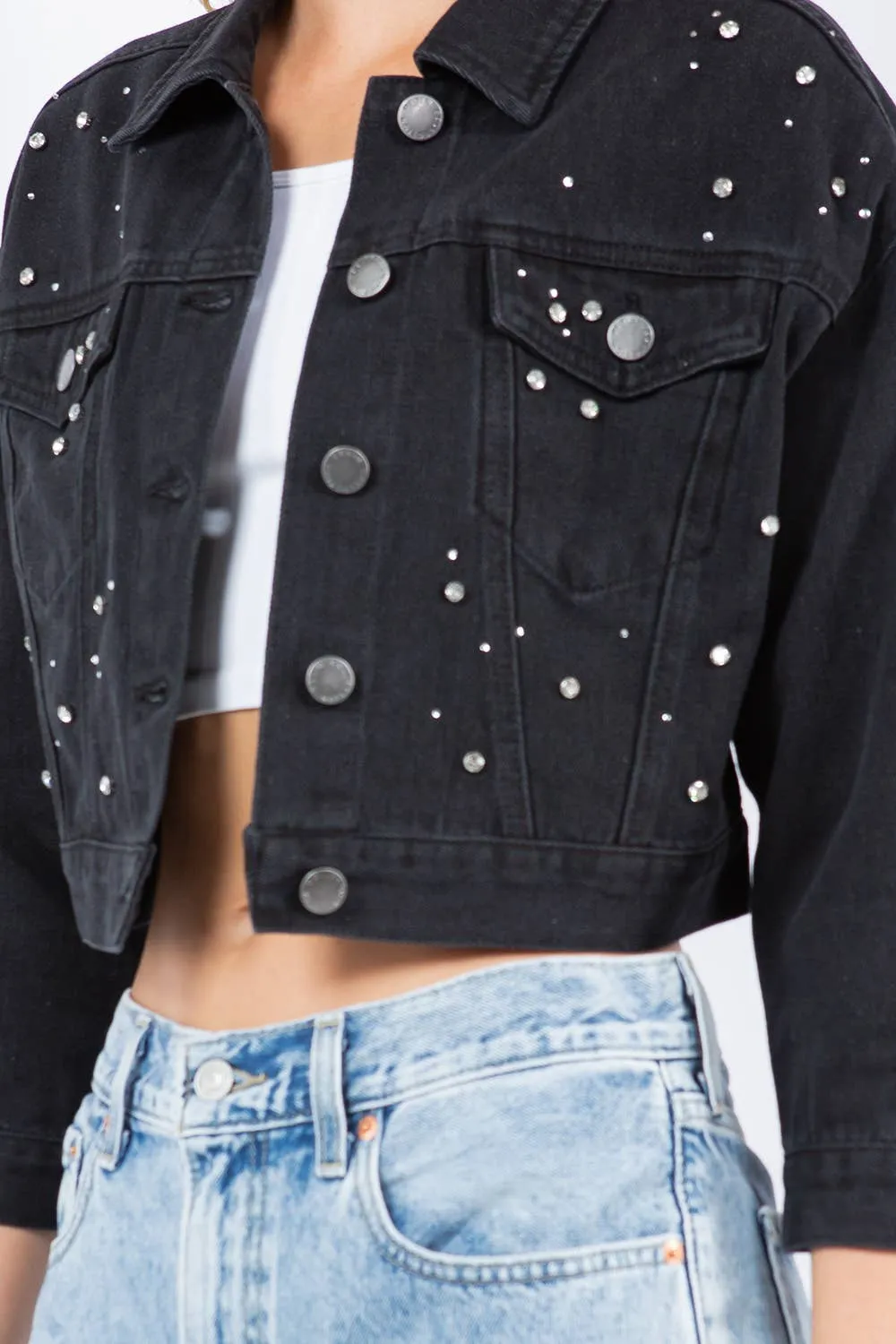 Rhinestone Crop Denim Jacket: Med Wash / L