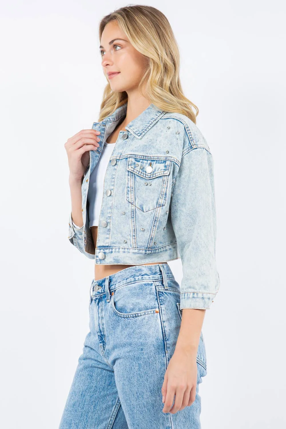 Rhinestone Crop Denim Jacket: Med Wash / L