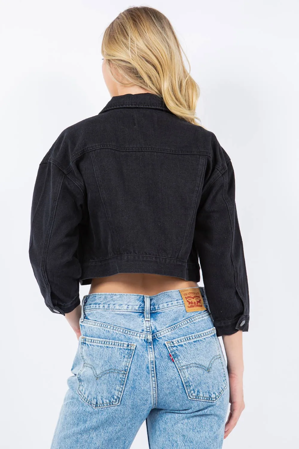 Rhinestone Crop Denim Jacket: Med Wash / L
