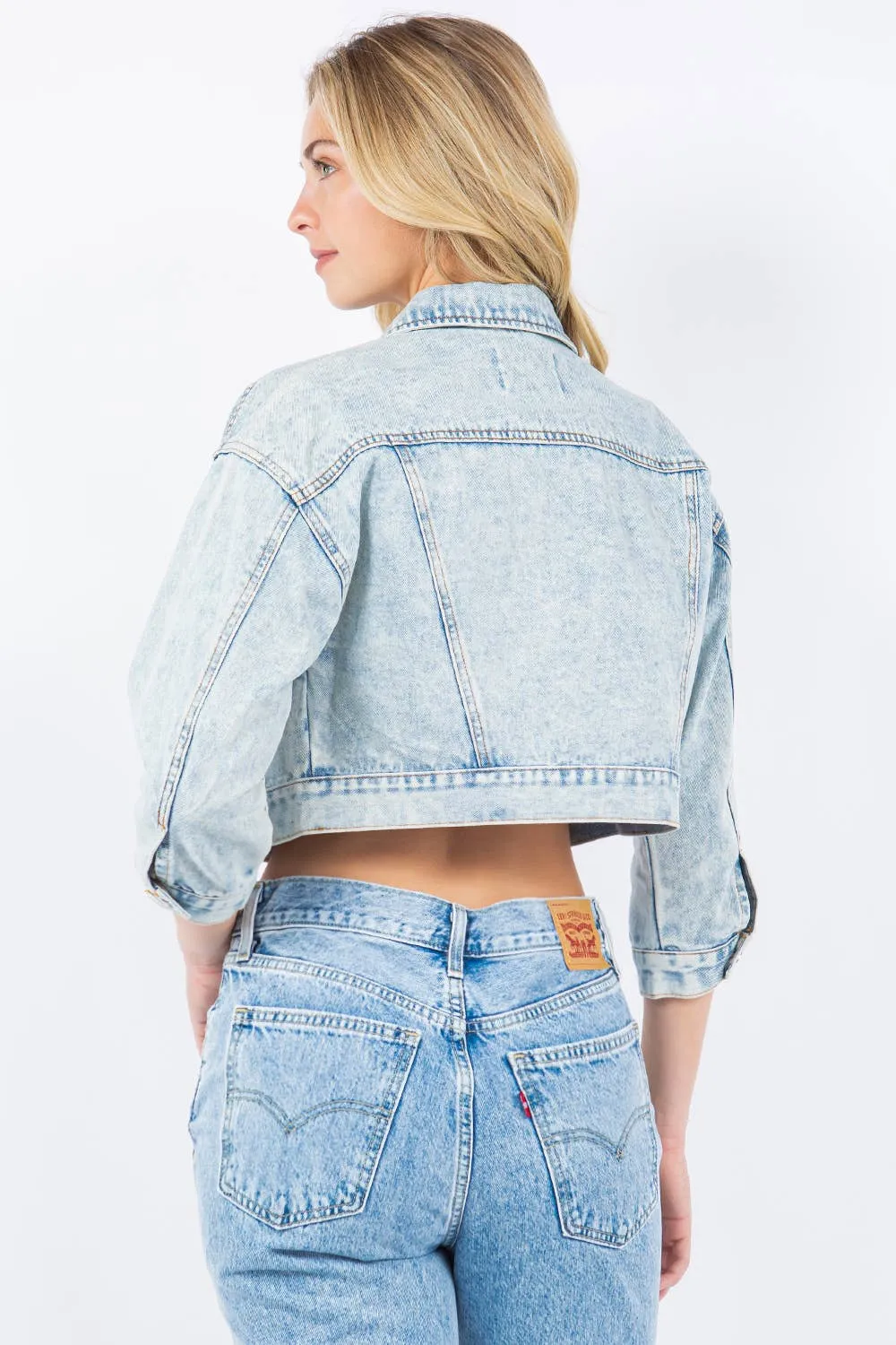 Rhinestone Crop Denim Jacket: Med Wash / L