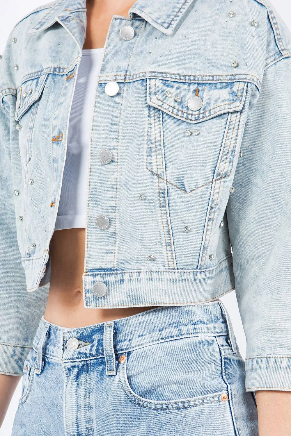 Rhinestone Crop Denim Jacket: Med Wash / L