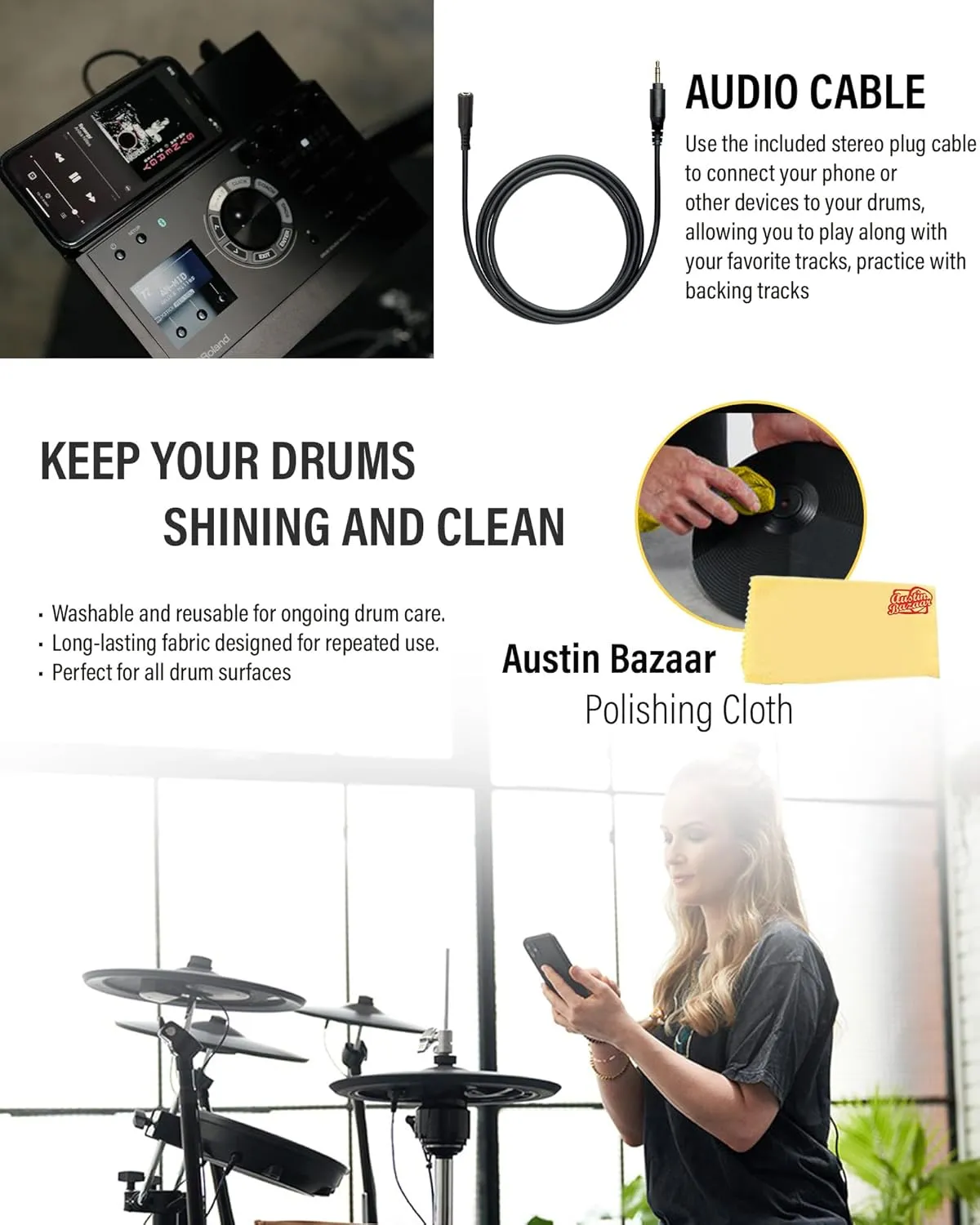 Roland Generation 2 V-Drums TD-17KVX2 Electronic Drum Set Bundle with 3.5mm Audio Cable, Drumstick Bag, 3 Pairs of Drumsticks, and Austin Bazaar Polishing Cloth