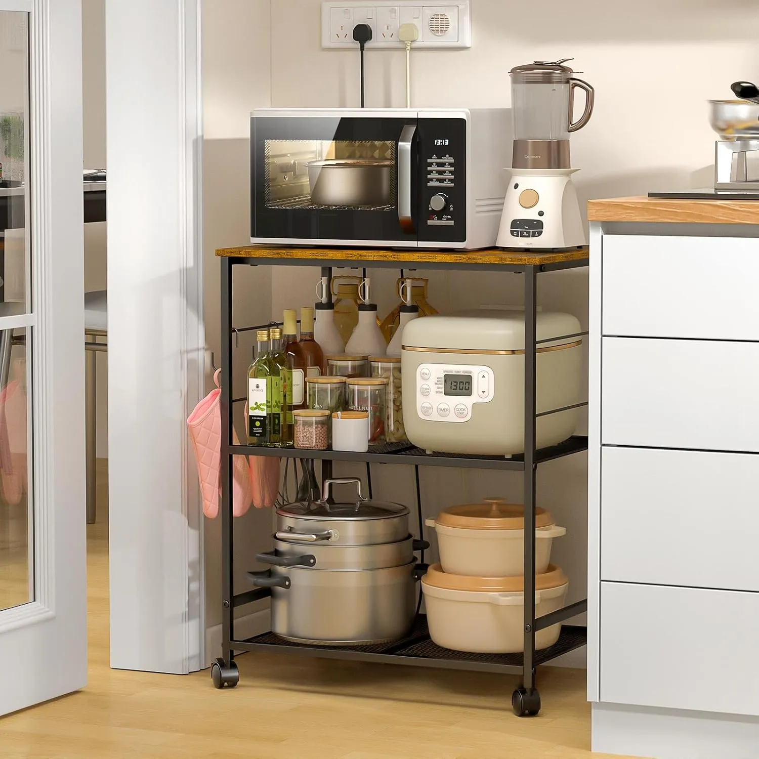 Rolling Kitchen Microwave Cart, 3 Tier Microwave Table Stand with Storage, Kitchen Utility Cart on Lockable Wheels, Small Coffee Cart Shelf Rack Organizer for Living Room Office, Balcony