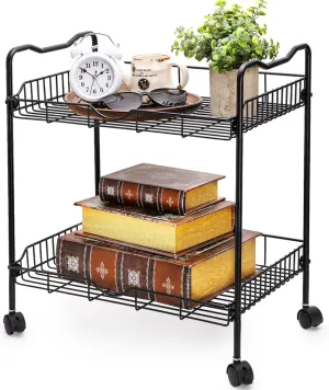 Rolling Utility Cart for Small Space, 2 Tier Rolling Cart with Locking Wheels, Metal Kitchen Cart Trolley, Rolling Organizer Cart Storage Shelf with Handle for Home Bedside Bathroom Office