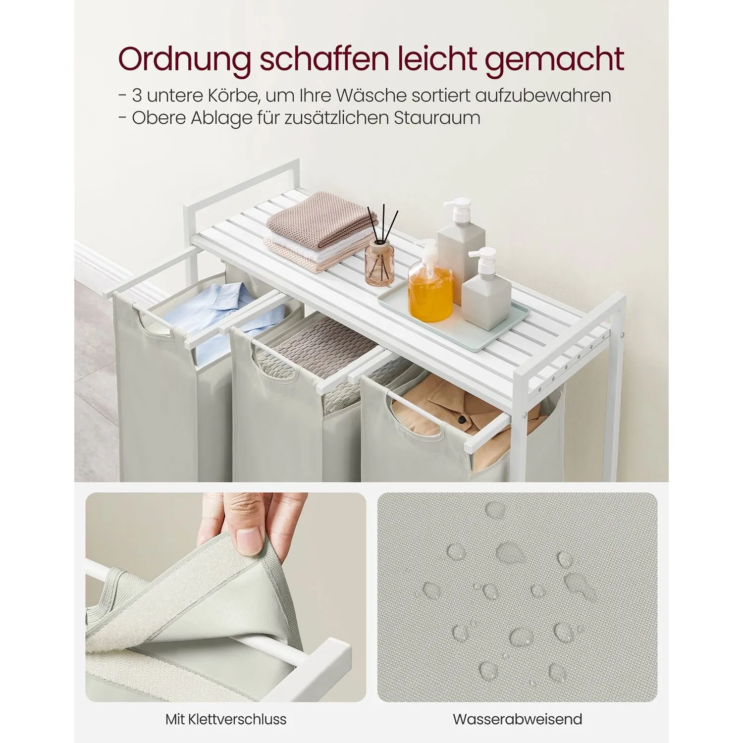 Rootz 3 Tier Laundry Sorter Cart - White Laundry Bag Organizer - Rolling Storage Cart - Steel Frame - 92.5cm x 33cm x 72cm