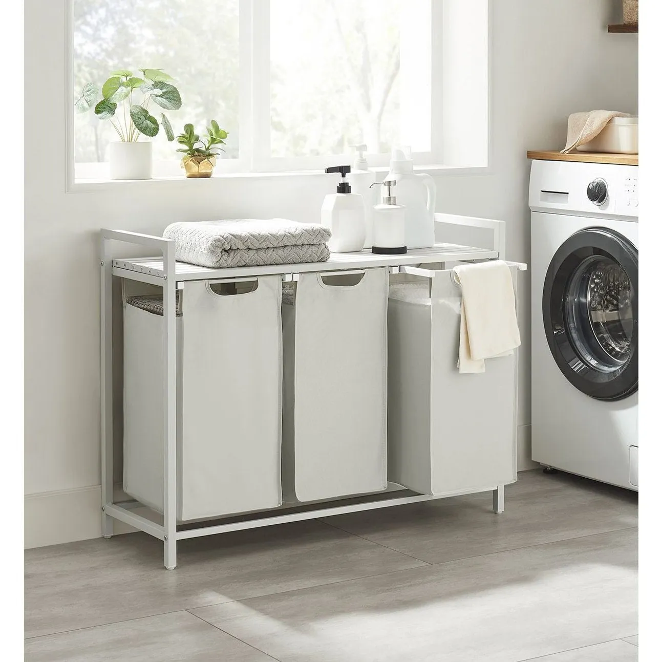 Rootz 3 Tier Laundry Sorter Cart - White Laundry Bag Organizer - Rolling Storage Cart - Steel Frame - 92.5cm x 33cm x 72cm