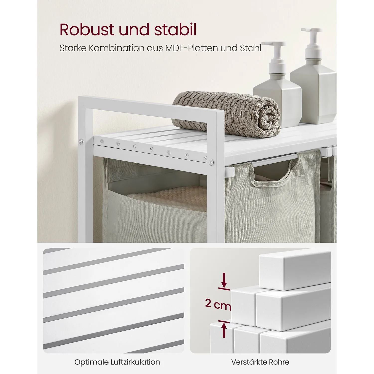 Rootz 3 Tier Laundry Sorter Cart - White Laundry Bag Organizer - Rolling Storage Cart - Steel Frame - 92.5cm x 33cm x 72cm