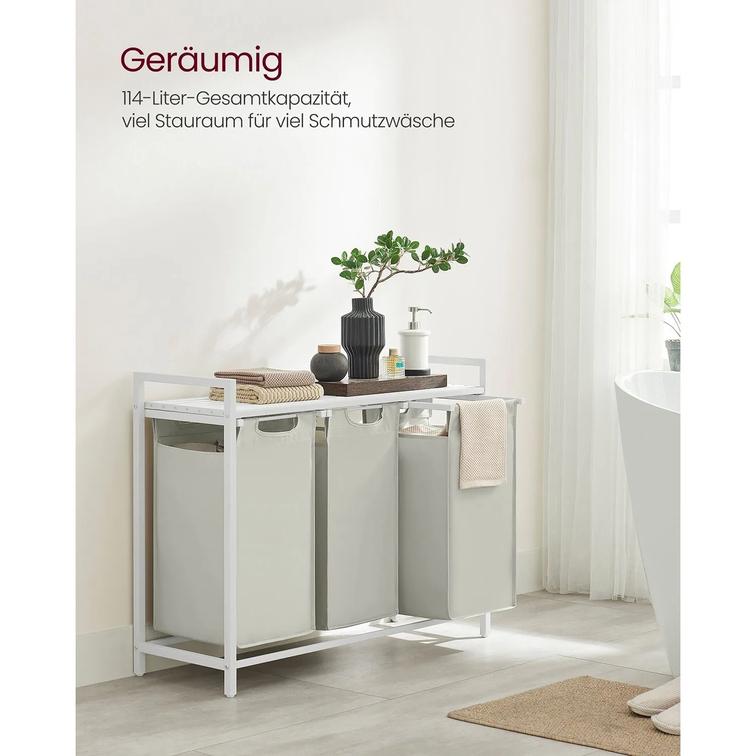 Rootz 3 Tier Laundry Sorter Cart - White Laundry Bag Organizer - Rolling Storage Cart - Steel Frame - 92.5cm x 33cm x 72cm