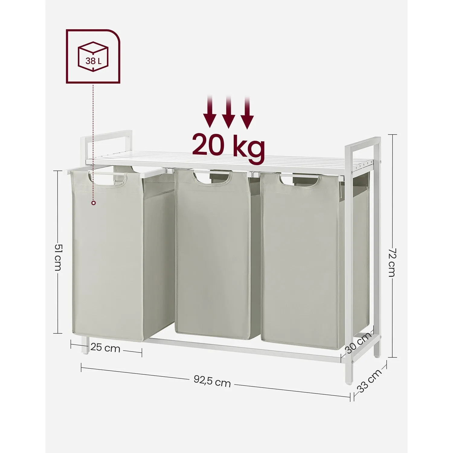 Rootz 3 Tier Laundry Sorter Cart - White Laundry Bag Organizer - Rolling Storage Cart - Steel Frame - 92.5cm x 33cm x 72cm
