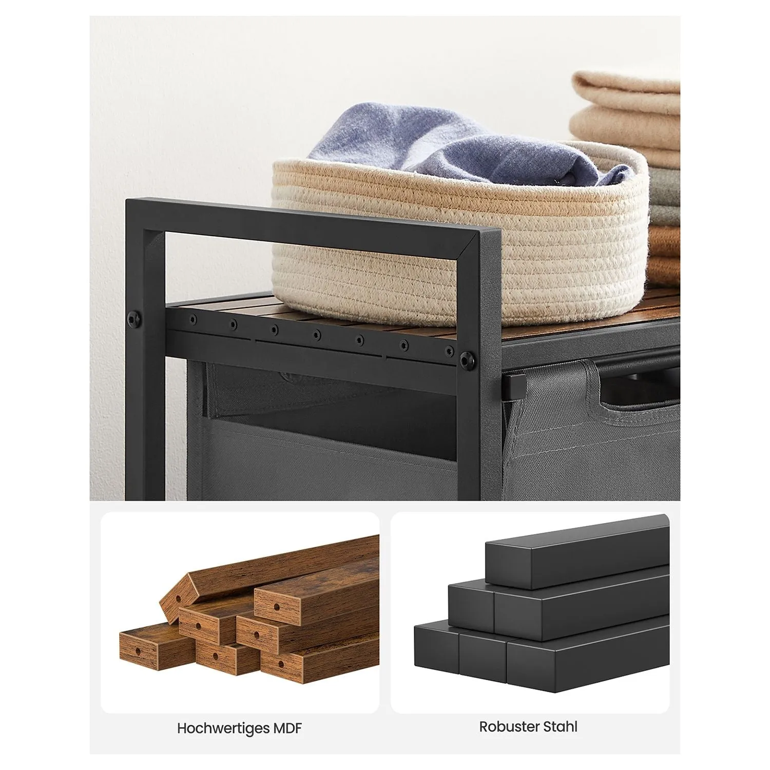 Rootz Laundry Basket Set - Vintage Hamper - Clothes Storage - MDF and Steel Construction - 73cm x 33cm x 72cm - Includes Anti-Tippers - Max Load 30kg