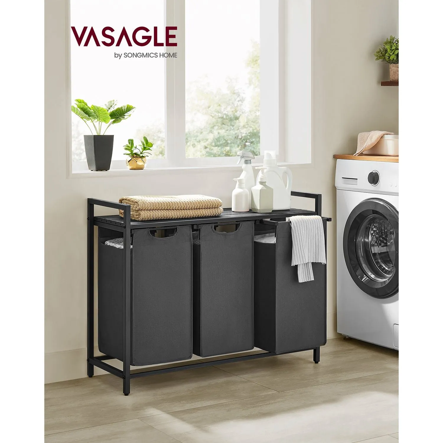 Rootz Laundry Basket with Shelf - Black-Gray Storage Organizer - MDF Steel Oxford Cloth - Large Capacity - Easy Assembly - Space Saving Design - 92.5cm x 33cm x 72cm