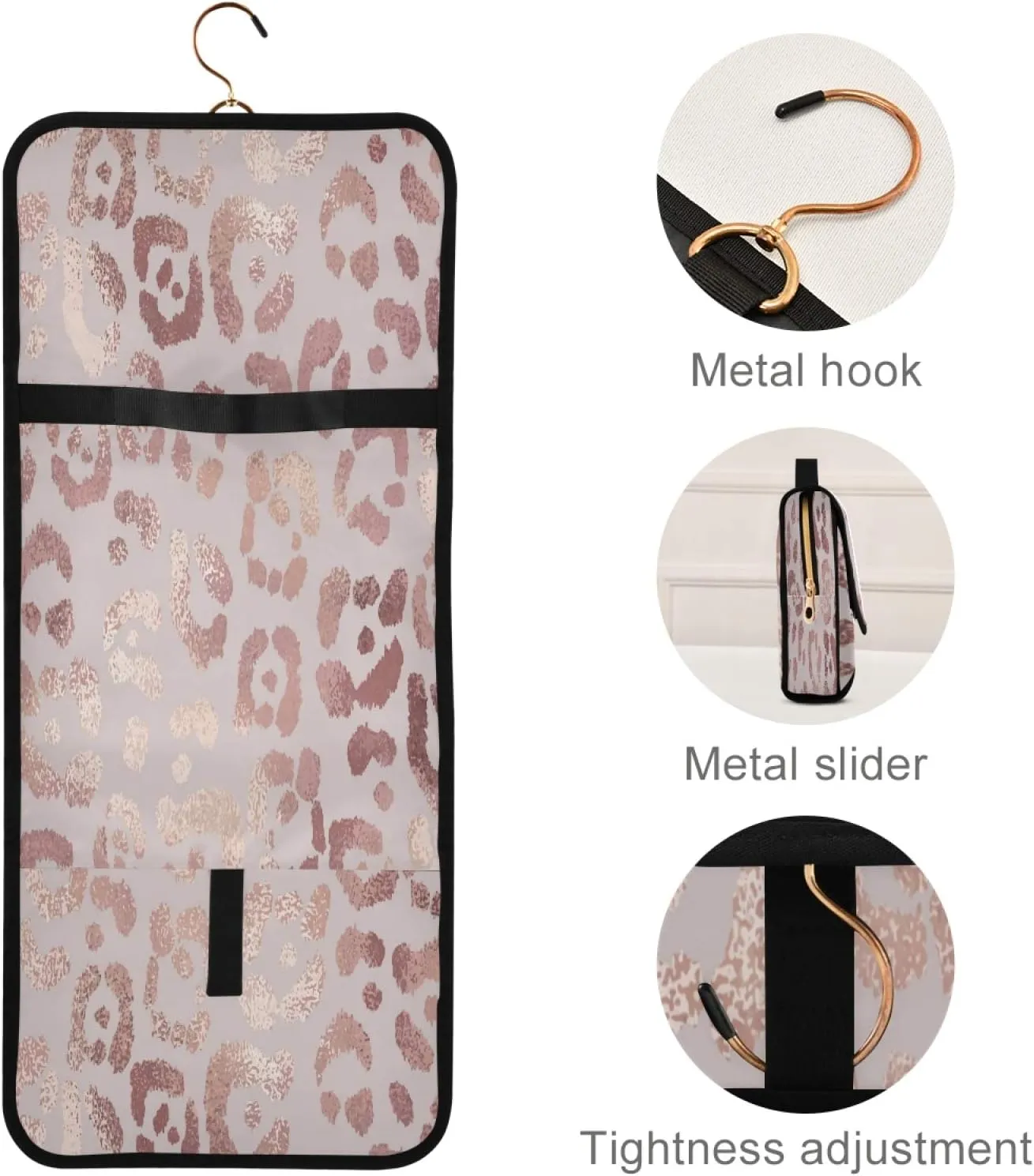 Rose Gold Leopard Print Travel Toiletry Bag Cosmetic Make up Brush Cases Hanging Water-resistant Accessories Organizer for Women 3PCS