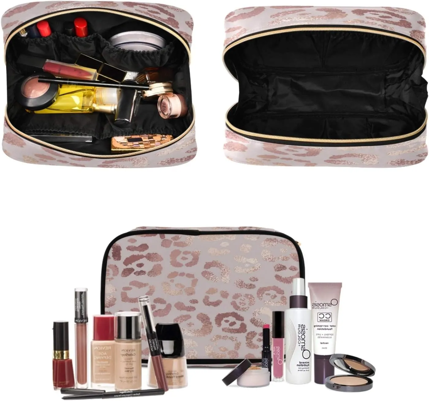 Rose Gold Leopard Print Travel Toiletry Bag Cosmetic Make up Brush Cases Hanging Water-resistant Accessories Organizer for Women 3PCS