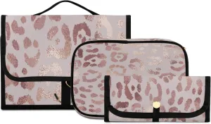 Rose Gold Leopard Print Travel Toiletry Bag Cosmetic Make up Brush Cases Hanging Water-resistant Accessories Organizer for Women 3PCS