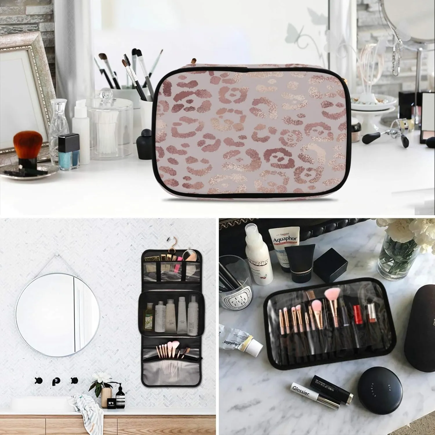 Rose Gold Leopard Print Travel Toiletry Bag Cosmetic Make up Brush Cases Hanging Water-resistant Accessories Organizer for Women 3PCS