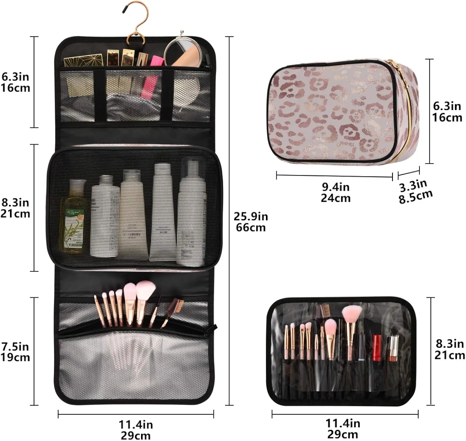 Rose Gold Leopard Print Travel Toiletry Bag Cosmetic Make up Brush Cases Hanging Water-resistant Accessories Organizer for Women 3PCS