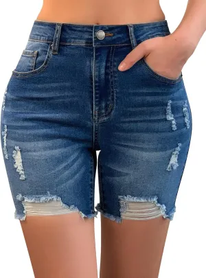 roswear Women’s Casual Summer Ripped High Waisted Denim Shorts Stretch Distressed Frayed Raw Hem Jean Shorts