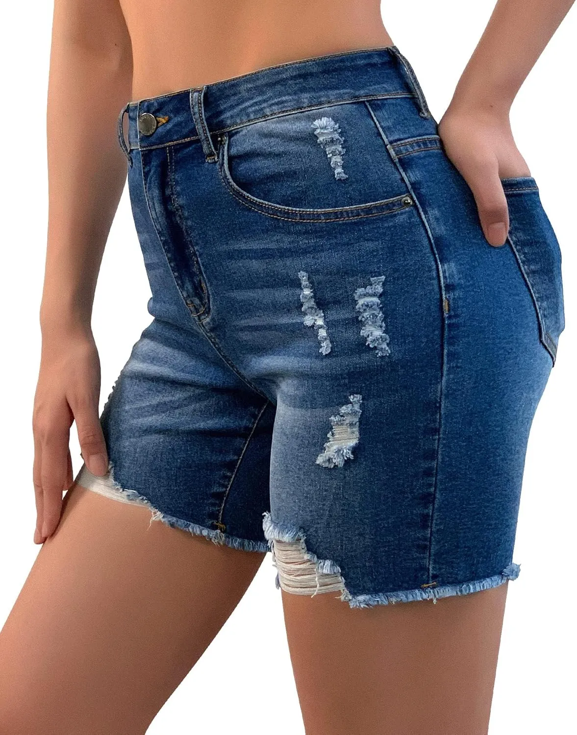 roswear Women’s Casual Summer Ripped High Waisted Denim Shorts Stretch Distressed Frayed Raw Hem Jean Shorts