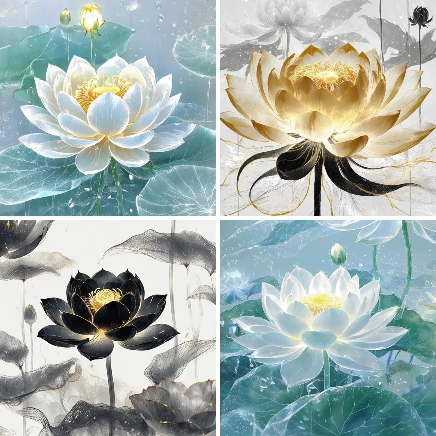 Rousp 5D Diamond Painting Multiple Packs Golden Lotus Water Lotus Flower Small Landscape Diamond Art Kits for Adults Kids, Fun Relaxing Craft Set Perfect for Home Decor Gifts 12x12 Inch