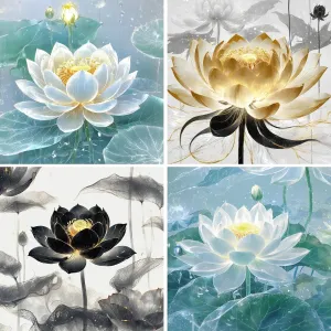 Rousp 5D Diamond Painting Multiple Packs Golden Lotus Water Lotus Flower Small Landscape Diamond Art Kits for Adults Kids, Fun Relaxing Craft Set Perfect for Home Decor Gifts 12x12 Inch