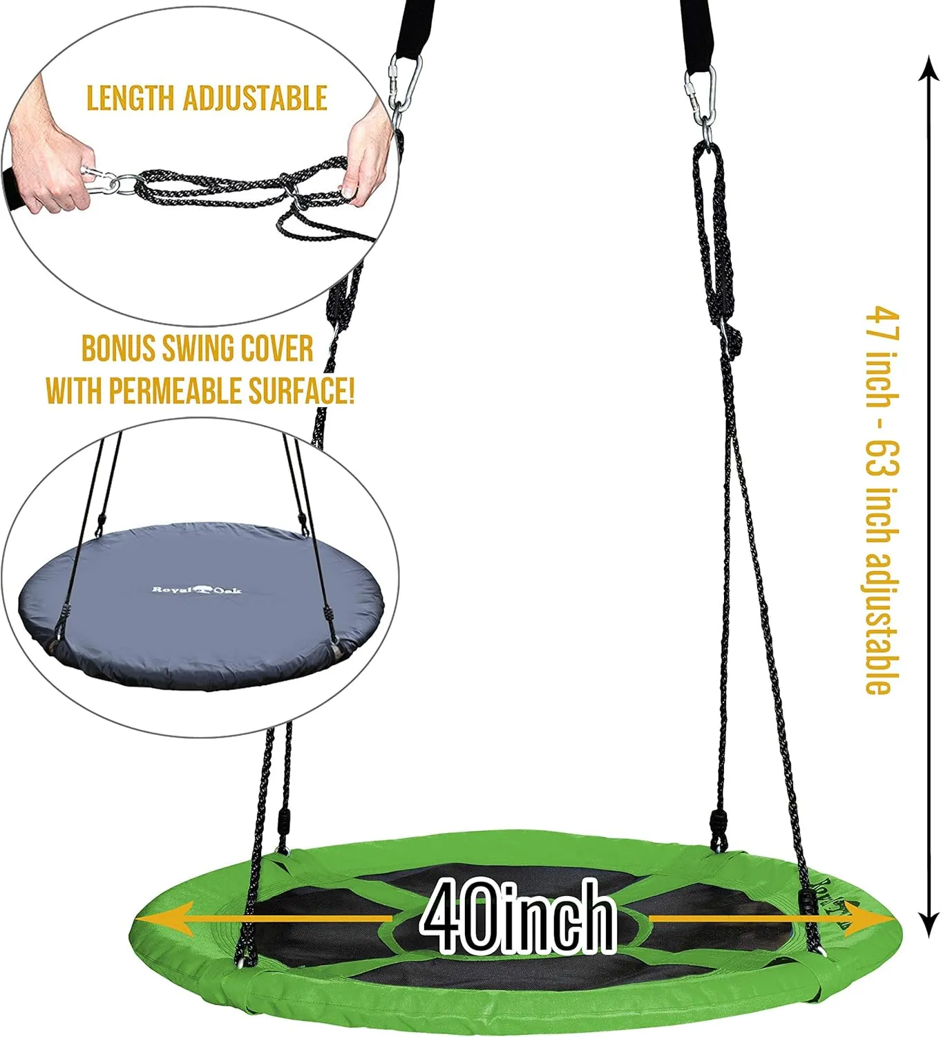 Royal Oak Saucer Tree Swing,Giant 40 Inches with Carabiners and Flags, Heavy Duty 1680D Oxford Fabric,700 lb Weight Capacity, Steel Frame,Waterproof, Easy Install Step by Step Instructions (Green)