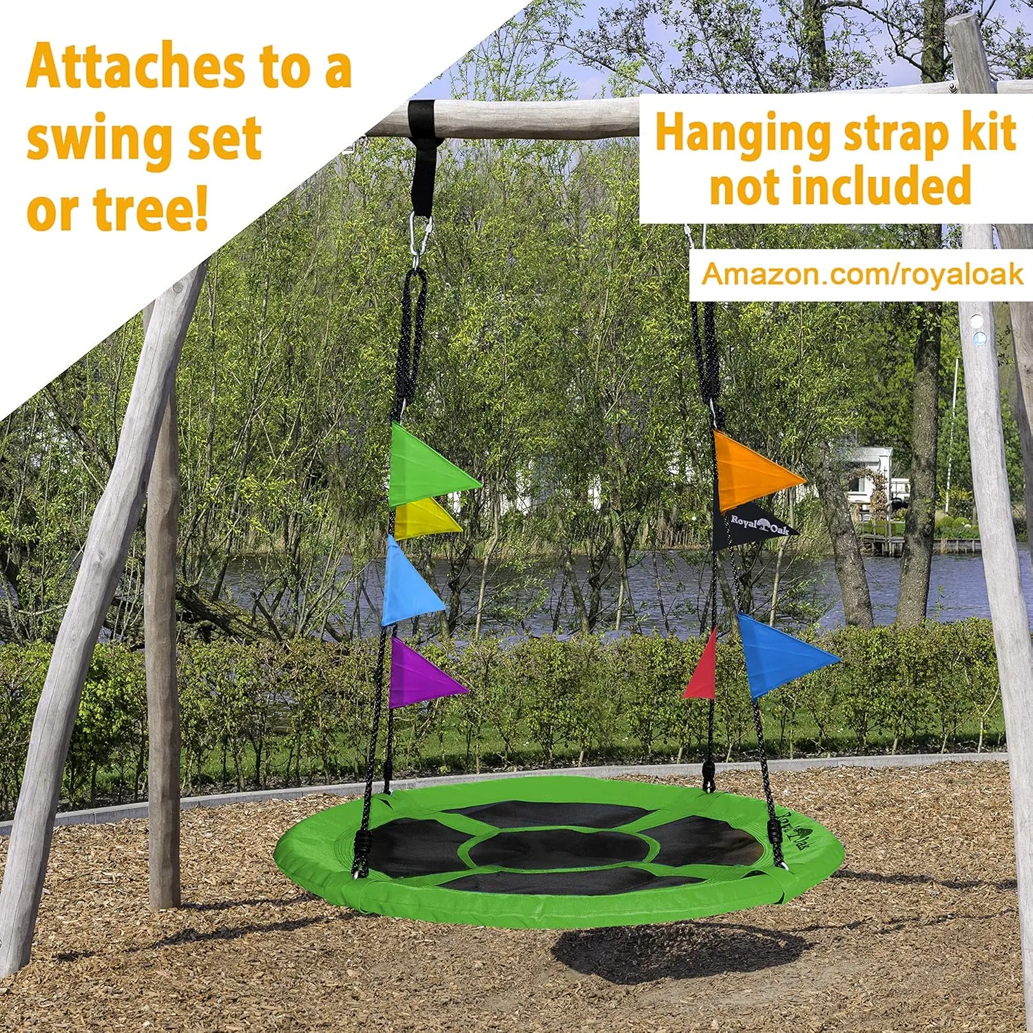 Royal Oak Saucer Tree Swing,Giant 40 Inches with Carabiners and Flags, Heavy Duty 1680D Oxford Fabric,700 lb Weight Capacity, Steel Frame,Waterproof, Easy Install Step by Step Instructions (Green)