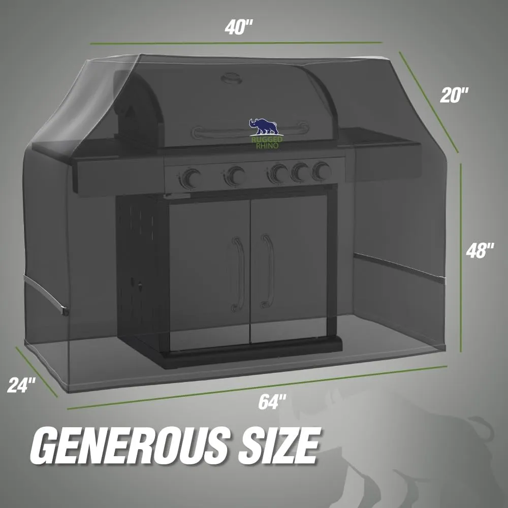 Rugged Rhino All Season Heavy Duty Grill Cover, Three Layer Waterproof UV Resistant and Windproof Covers for Outdoor, Secure Buckle Closure, Grilling Griddle Storage Outside, 64"L x 24"W x 48"H, Black