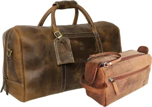 RUSTIC TOWN Leather Duffel Bag & Toiletry Bag Combo - The Best Masculine Travel Gift For Men & Women
