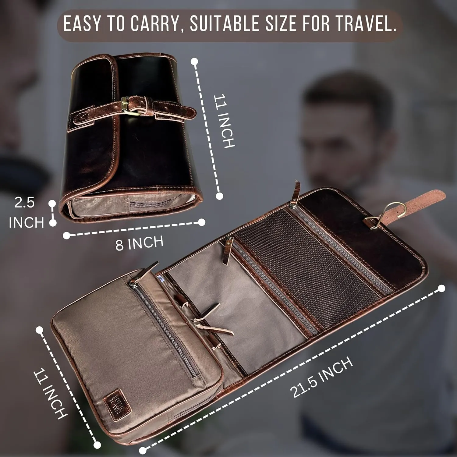 RUSTIC TOWN Leather Hanging Toiletry Bag for Men - Travel Shaving Dopp Kit - Bathroom Shower Toiletries Organizer - Leather Makeup Cosmetic Bag for Women