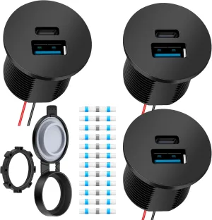 RV USB Outlet 12V/24V Quick Charger, Dual PD3.0 & QC3.0 Fast Charger Type A Type C Ports, Recessed Mount 36W High-speed Charging Socket for RV Camper Van Trailer Boat Truck Car Golf Cart, 3Pcs