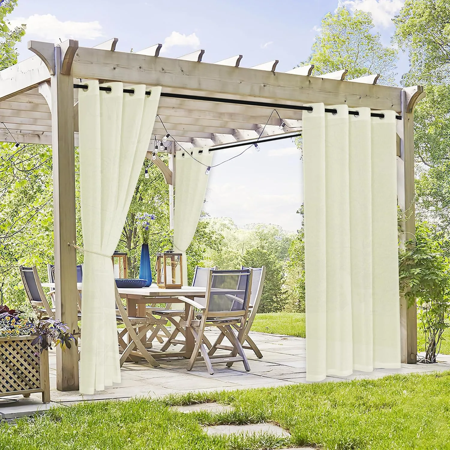 RYB HOME 2 Panels Outdoor Curtains for Patio - Linen Look Semi-Sheer Curtains for Patio Waterproof, Indoor Outdoor Drapes for Gazebo Pergola Balcony Pool Spa, Wide 54 x Long 84, Light Beige