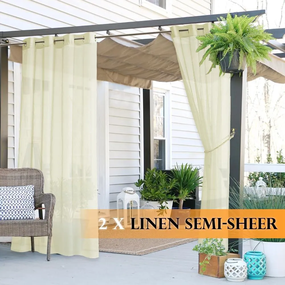 RYB HOME 2 Panels Outdoor Curtains for Patio - Linen Look Semi-Sheer Curtains for Patio Waterproof, Indoor Outdoor Drapes for Gazebo Pergola Balcony Pool Spa, Wide 54 x Long 84, Light Beige