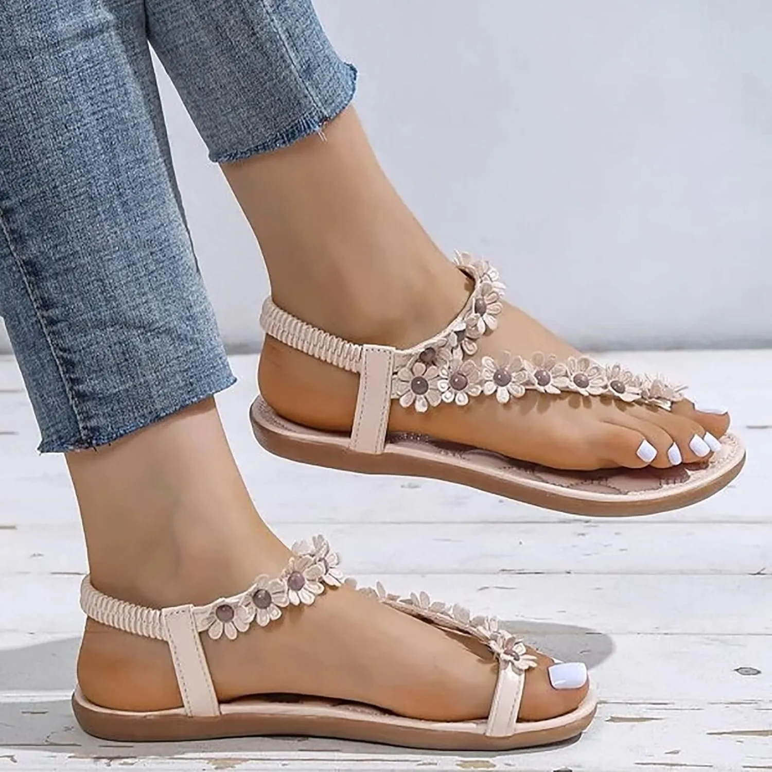 Sandals for Women 2024 Shoes Summer Walking with Non Slip on Casual Beach Shoes Dress Ankle Elastic Bohemian Flatsshoes