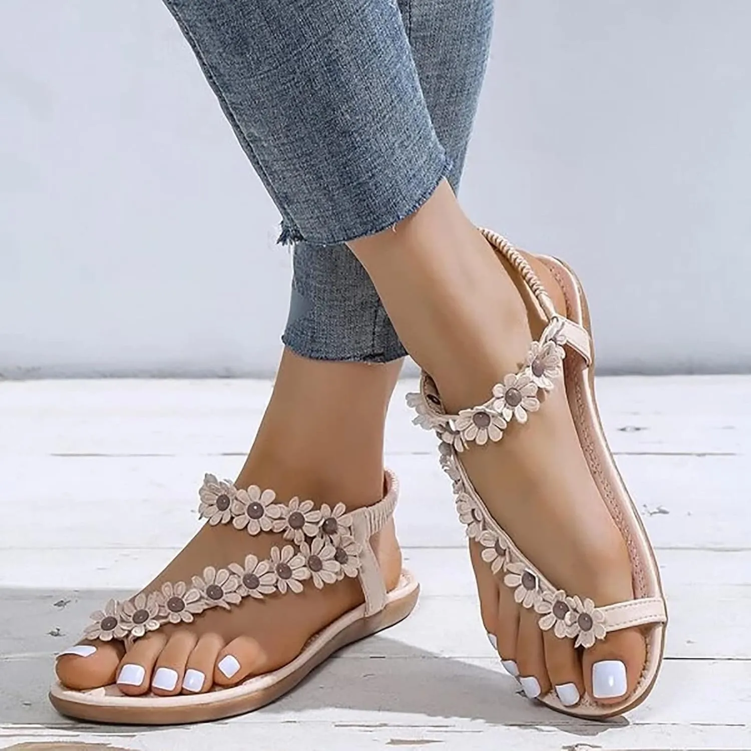 Sandals for Women 2024 Shoes Summer Walking with Non Slip on Casual Beach Shoes Dress Ankle Elastic Bohemian Flatsshoes