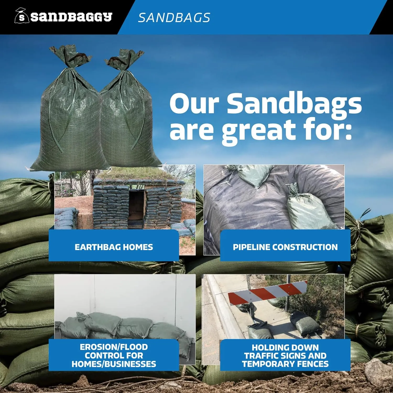 Sandbaggy - Heavy Duty Empty Sandbags For Flooding (14" X 26") - Poly Sand Bags For Flood Barrier, Weight, Construction, Earth Bag Homes - Reusable, UV Resistant - Tie Strings Attached (10 Bags)