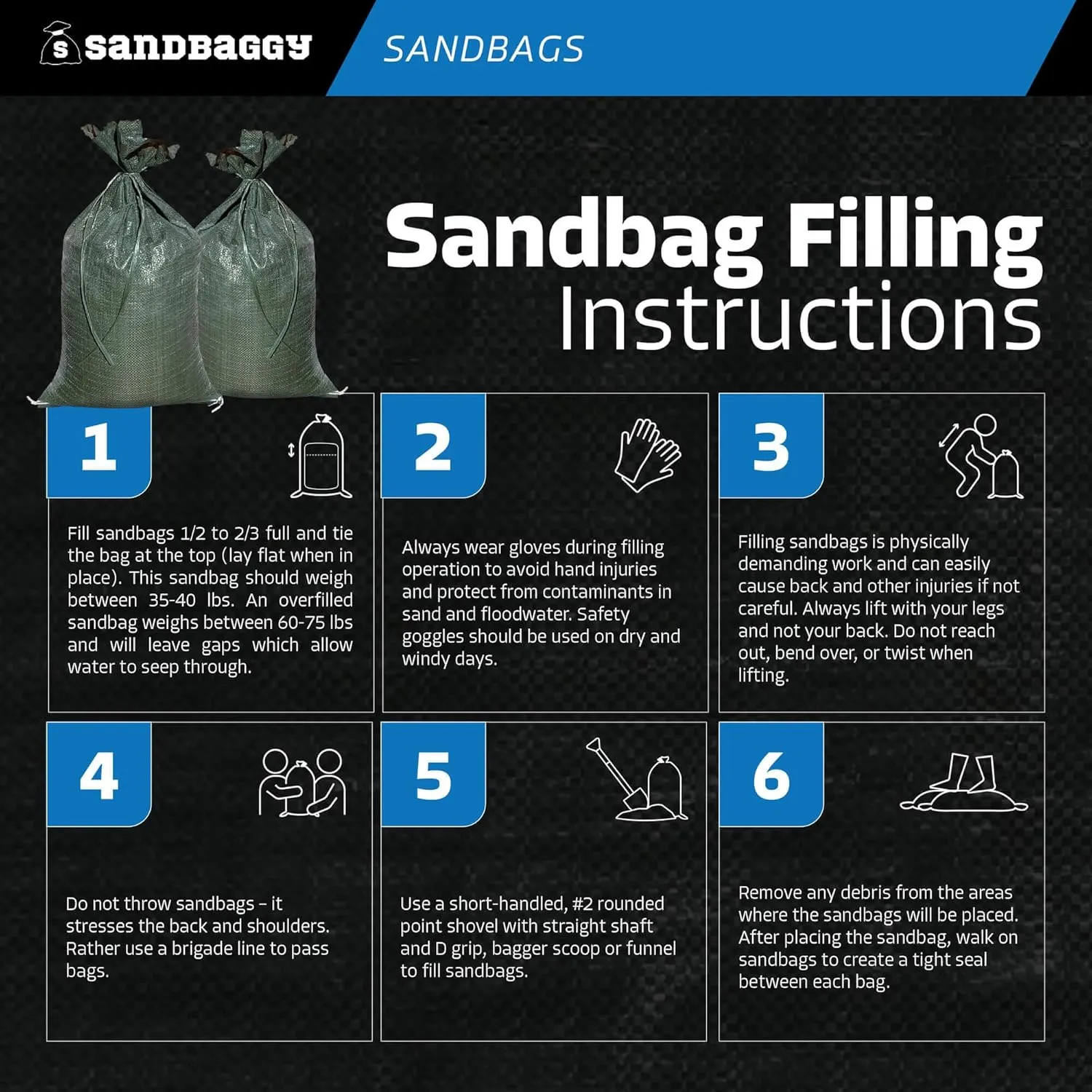Sandbaggy - Heavy Duty Empty Sandbags For Flooding (14" X 26") - Poly Sand Bags For Flood Barrier, Weight, Construction, Earth Bag Homes - Reusable, UV Resistant - Tie Strings Attached (10 Bags)