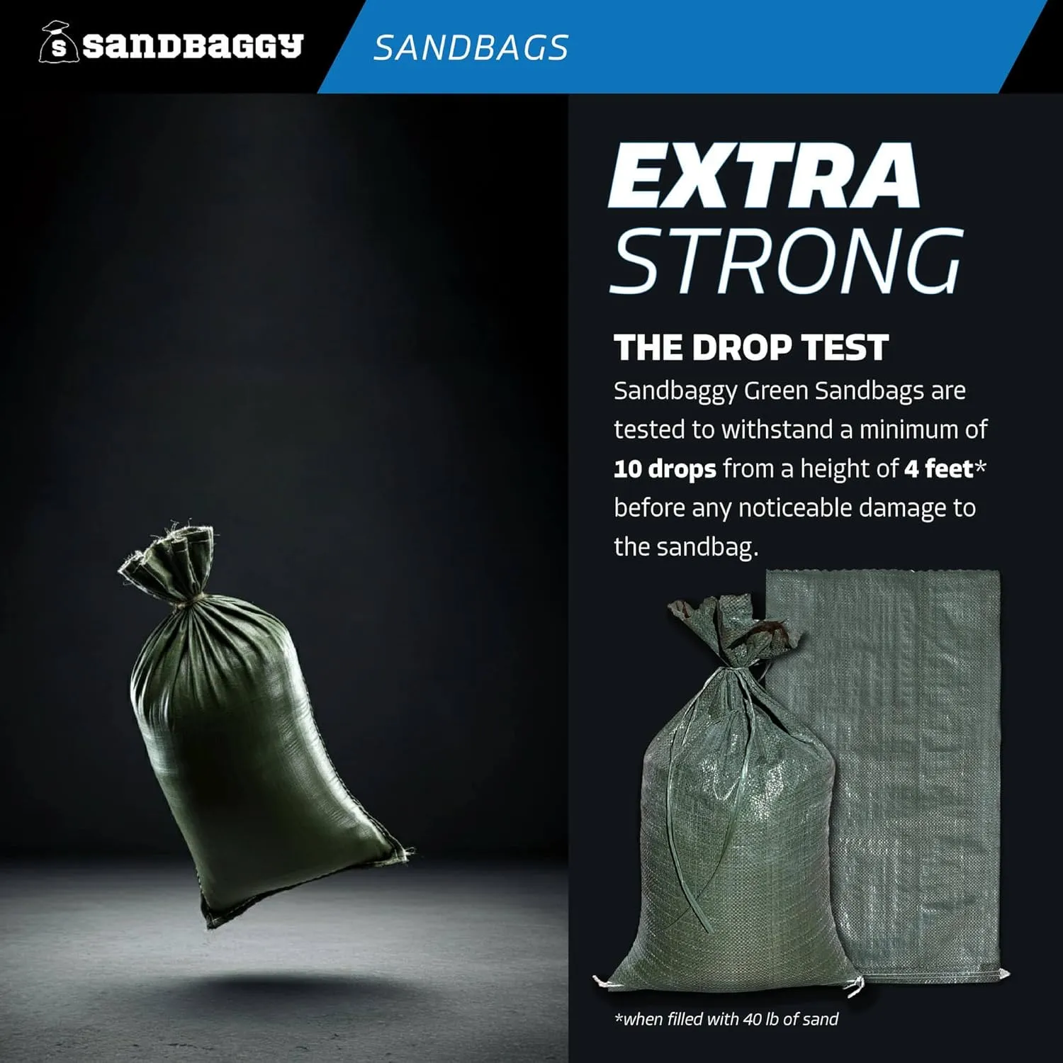 Sandbaggy - Heavy Duty Empty Sandbags For Flooding (14" X 26") - Poly Sand Bags For Flood Barrier, Weight, Construction, Earth Bag Homes - Reusable, UV Resistant - Tie Strings Attached (10 Bags)