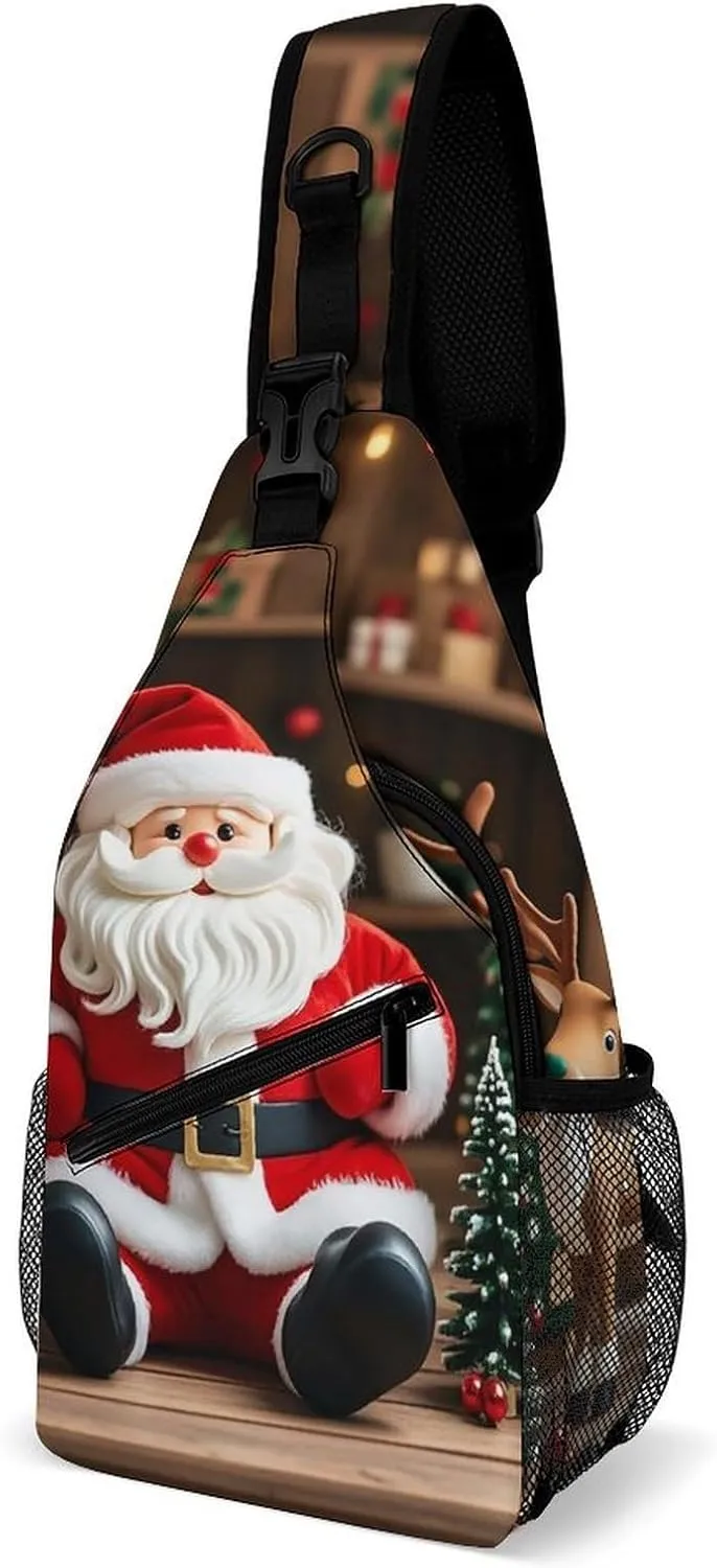 Santa Claus Doll Reindeer Model Sling Bag for Men Women Waterproof Chest Bag Print Cross Chest Bag Diagonally Gym Sport Travel Hiking Daypack