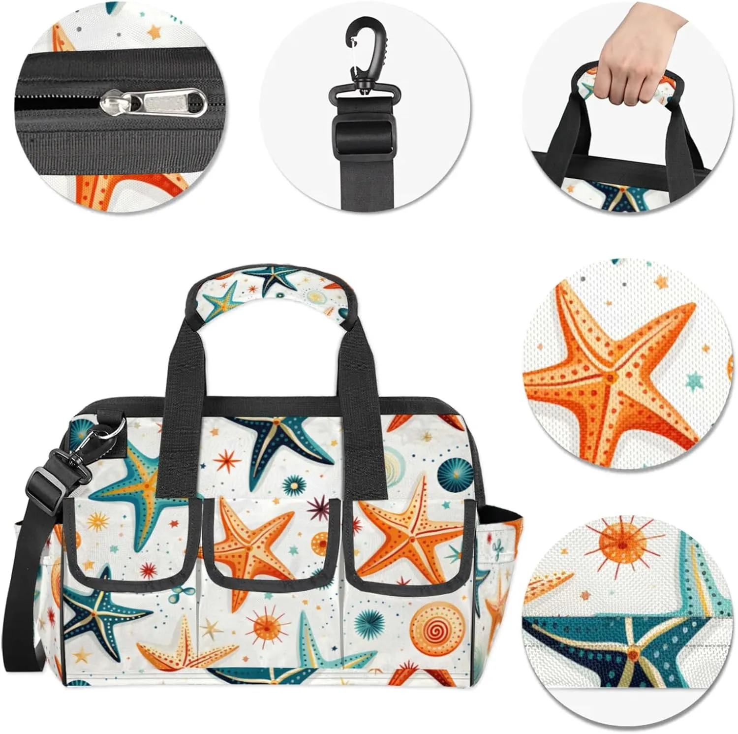 Sea Star And Shells TOOL BAG with 14 Pockets, Adjustable Shoulder Strap Tool Tote Storage Bag, Waterproof Tool Organizer for Woodworking, Building, Gardening
