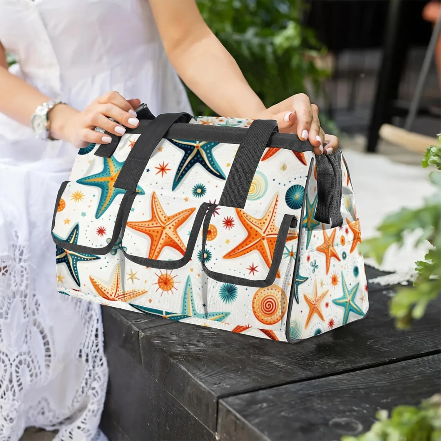 Sea Star And Shells TOOL BAG with 14 Pockets, Adjustable Shoulder Strap Tool Tote Storage Bag, Waterproof Tool Organizer for Woodworking, Building, Gardening