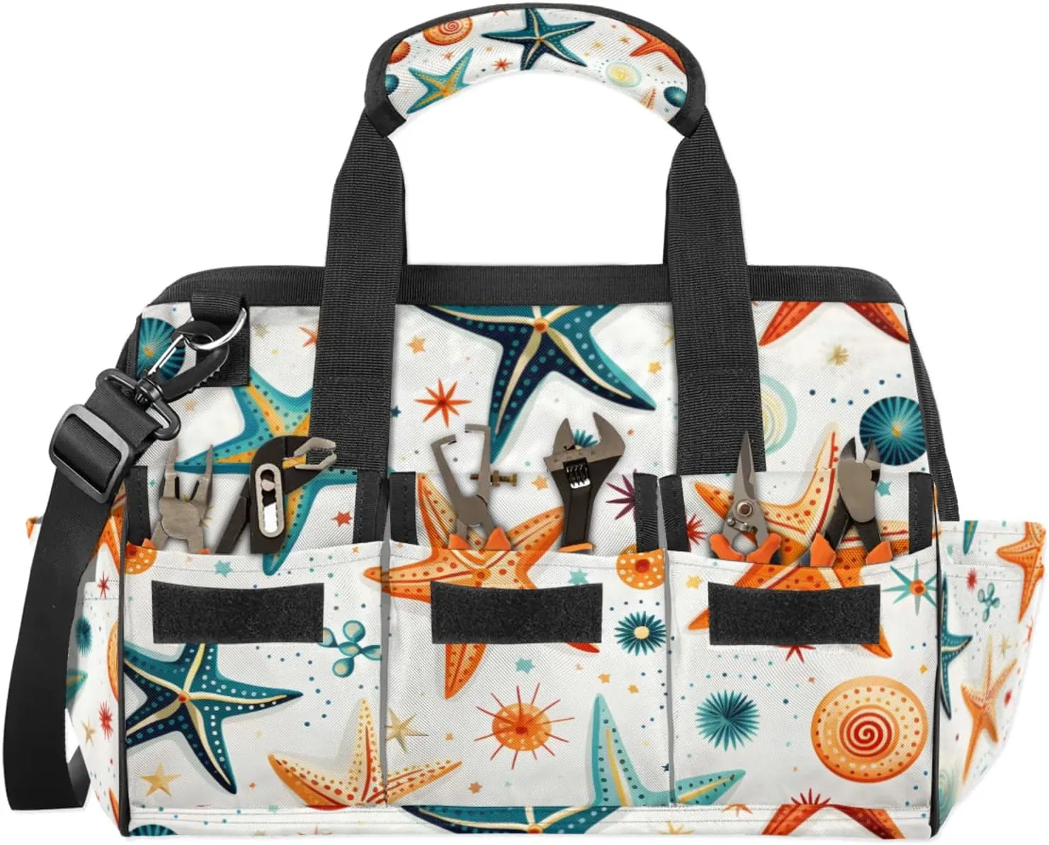 Sea Star And Shells TOOL BAG with 14 Pockets, Adjustable Shoulder Strap Tool Tote Storage Bag, Waterproof Tool Organizer for Woodworking, Building, Gardening