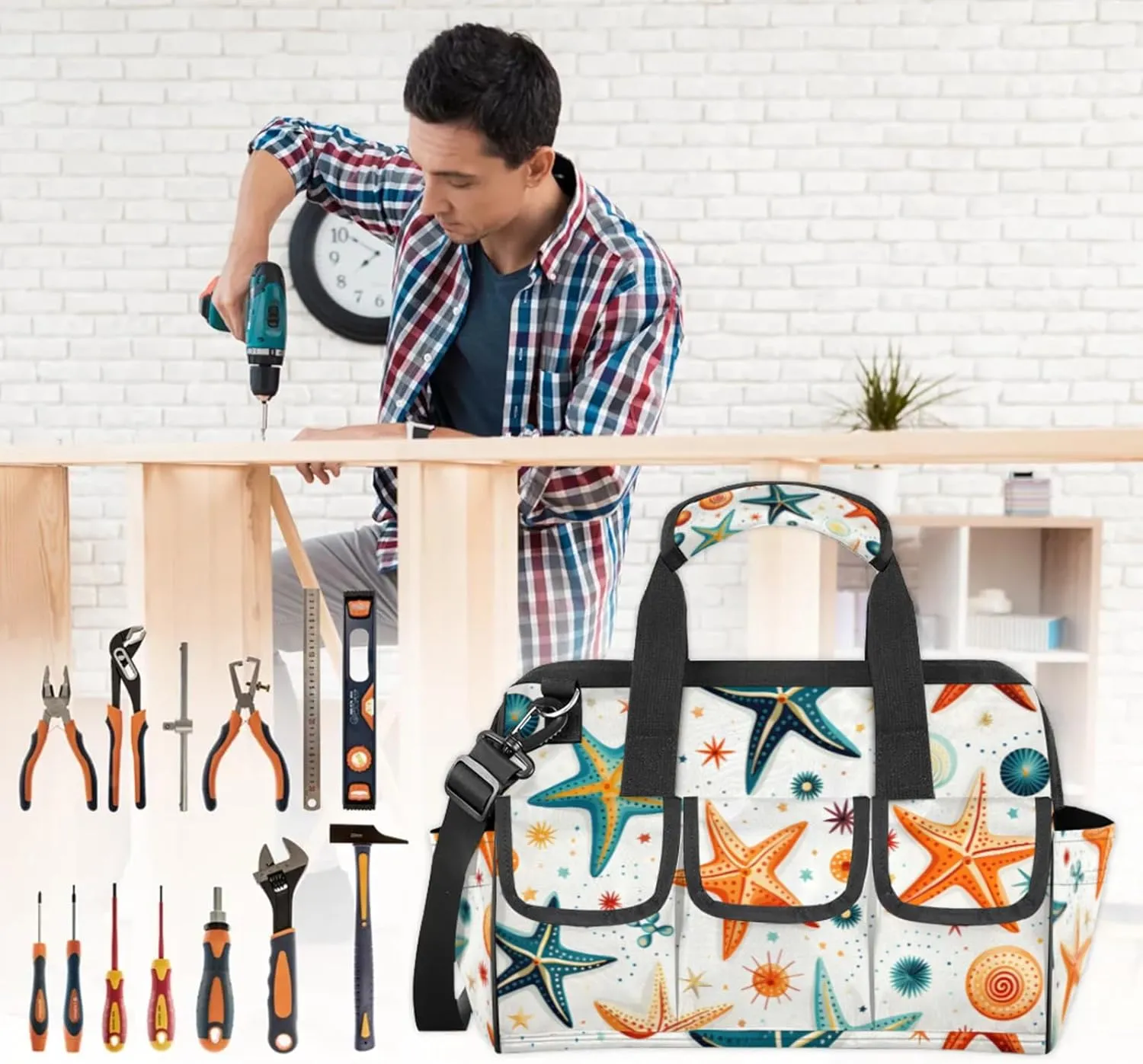 Sea Star And Shells TOOL BAG with 14 Pockets, Adjustable Shoulder Strap Tool Tote Storage Bag, Waterproof Tool Organizer for Woodworking, Building, Gardening